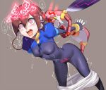  1girl ahegao aile_(mega_man_zx) android blush bodystocking breasts brown_hair character_request commentary_request corruption covered_navel covered_nipples drooling electricity female_ejaculation gloves glowing grey_background heart heart-shaped_pupils lactation medium_breasts mega_man_(series) mega_man_zx mind_control navel open_mouth pubic_tattoo puffy_short_sleeves puffy_sleeves raised_eyebrows rape saliva short_hair short_sleeves simple_background skin_tight solo speech_bubble spoken_heart symbol-shaped_pupils tattoo teeth tongue tongue_out translation_request trembling ukimukai upper_teeth 