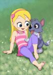  accessory arm_support barefoot blonde_hair blue_eyes brown_eyes canid canine canis child domestic_dog duo feet female feral fur grass grey_body grey_fur hair headband human katie_(paw_patrol) long_hair male mammal mixed_breed open-mouth_smile outside paw_patrol plant reclining rocky_(paw_patrol) sword_(artist) tongue tongue_out young 