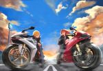  2girls absurdres ankle_boots arisugawa_natsuha black_eyes black_footwear black_jacket blonde_hair blue_sky boots cloud commentary_request cup denim disposable_cup ducati_1199 ground_vehicle headwear_removed helmet helmet_removed highres honda_cbr250rr hood hoodie idolmaster idolmaster_shiny_colors inumantle jacket jeans leather leather_jacket long_hair looking_at_another motor_vehicle motorcycle multiple_girls orange_hair pants purple_eyes saijou_juri short_hair sky sunlight sunset twilight 