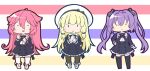  3girls :d arm_at_side assault_lily bangs beret black_bow black_legwear black_ribbon blonde_hair blunt_bangs blush bow brown_legwear buttons chibi closed_eyes commentary_request cropped_jacket frilled_skirt frills full_body grey_bow hair_between_eyes hair_bow hand_on_hip hands_up hat hat_bow high-waist_skirt kuramata_yukiyo long_hair long_sleeves looking_at_viewer masaki_itsuki multiple_girls neck_ribbon open_mouth own_hands_together pantyhose pink_hair purple_hair ribbon school_uniform sejima_hiromu shirt shoes sidelocks skirt smile solid_oval_eyes standing striped striped_background striped_bow tachihara_sayu thighhighs twintails very_long_hair white_footwear white_headwear white_legwear white_shirt yurigaoka_girls_academy_school_uniform 