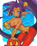  1girl :d areolae bandeau bandeau_pull bare_shoulders blue_background blue_eyes border bracer breasts character_request choker cleavage collarbone commentary_request dakusuta dark-skinned_female dark_skin earrings harem_pants high_ponytail highres hoop_earrings jewelry large_breasts long_hair looking_at_viewer midriff o-ring o-ring_top ocean outside_border pants pointy_ears purple_hair red_pants shantae shantae_(series) sidelocks smile solo sweat very_long_hair white_border yellow_eyes 