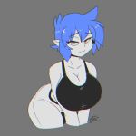  1girl blue_hair borrowed_character breasts chromatic_aberration cleavage closed_mouth collarbone emi_(twistedgrim) eyebrows_visible_through_hair highres huge_breasts looking_at_viewer original partially_colored pointy_ears ryou_sakai short_hair short_shorts shorts smile solo tank_top 
