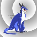  absurd_res blue_body claws dragon feral hi_res horn laugh male open_mouth shaded shadeii shadeii_(character) simple_background simple_eyes simple_shading sitting solo tongue watermark wings 