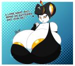  absurd_res anthro areola big_breasts black_hair blue_background breasts cleavage clothed clothing dialogue emolga female hair hexami hi_res huge_breasts hyper hyper_breasts nintendo pok&eacute;mon pok&eacute;mon_(species) simple_background solo video_games 