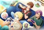  3boys belt blonde_hair blue_eyes blush brown_eyes brown_hair controller couch dark-skinned_male dark_skin earrings ensemble_stars! glasses green_eyes hair_between_eyes highres jewelry joystick kindo looking_at_viewer male_focus morisawa_chiaki multiple_boys open_mouth otogari_adonis playing_games purple_hair red_eyes ryuuseitai_(ensemble_stars!) school_uniform screen_light shirt short_hair simple_background smile t-shirt trickstar_(ensemble_stars!) twitter_username yellow_eyes yumenosaki_school_uniform yuuki_makoto_(ensemble_stars!) 