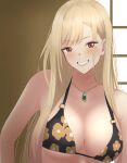  1girl absurdres bikini blonde_hair blush breasts cleavage collarbone earrings floral_print flower_bikini gold_necklace hateri highres jewelry kitagawa_marin large_breasts long_hair looking_at_viewer medium_breasts multicolored_hair multiple_piercings necklace pink_hair red_eyes shouji sliding_doors smile solo sono_bisque_doll_wa_koi_wo_suru streaked_hair swimsuit teeth upper_body 