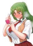  1girl bangs blush breasts condom full-face_blush glint green_eyes green_hair higurashi_no_naku_koro_ni holding holding_condom holding_needle huge_breasts looking_at_object moonjunk necktie needle parted_bangs pleated_skirt ponytail ringed_eyes school_uniform simple_background skirt solo sonozaki_mion steam sweat tented_shirt trembling upper_body white_background 
