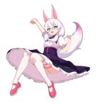  +_+ 1girl :d animal_ears bangs blue_eyes dress fox_ears fox_tail full_body highres honkai_(series) honkai_impact_3rd long_hair looking_at_viewer open_mouth panties pink_footwear shoes short_sleeves side_ponytail simple_background smile solo tail theresa_apocalypse theresa_apocalypse_(sakura_rondo) thighhighs underwear white_background white_dress white_hair white_legwear white_panties xiang_he_he_qunzi 