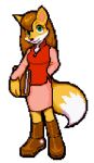  2003 anthro book boots bottomwear breasts canid canine clothed clothing digital_media_(artwork) dipstick_tail female footwear fox frogger fur hair holding_object konami leona_(frogger) low_res mammal markings official_art orange_body orange_fur pixel_(artwork) smile solo tail_markings topwear unknown_artist video_games 