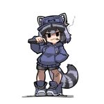  1girl :3 absurdres alternate_costume animal_ears arm_up bandaid bandaid_on_leg bare_legs baseball_cap black_eyes black_hair chibi cigarette common_raccoon_(kemono_friends) drawstring ears_through_headwear eyebrows_visible_through_hair friday_night_funkin&#039; full_body grey_hair hat highres holding holding_microphone hood hood_down hoodie kemono_friends long_sleeves looking_at_viewer medium_hair microphone mouth_hold okome_kogashi parody pocket purple_hair raccoon_ears raccoon_girl raccoon_tail shoelaces shoes shorts simple_background smile smoke solo style_parody tail white_background 
