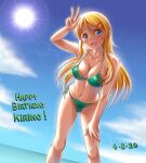  1girl bikini blue_eyes blue_sky breasts cleavage cloud collarbone commentary day dutch_angle english_commentary english_text fang green_bikini halterneck hand_on_own_thigh happy_birthday highres horizon kousaka_kirino leaning_forward long_hair looking_at_viewer medium_breasts ocean open_mouth orange_hair ore_no_imouto_ga_konna_ni_kawaii_wake_ga_nai outdoors side-tie_bikini sky smile solace solo standing string_bikini sun swimsuit v 