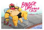  absurd_res beard bodily_fluids bowser bowser_day bulge cigar clothing eyewear facial_hair genital_fluids hi_res koopa male mario_bros nintendo nipple_piercing nipples outcast-stars piercing precum precum_through_clothing scalie solo sunglasses video_games wet wet_clothing 