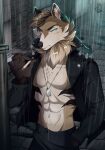 absurd_res anthro canid canine canis cigarette clothing dog_tags hi_res jacket kai_river leather leather_clothing leather_jacket leather_topwear male mammal night raining rithan solo spikes street topwear wolf 