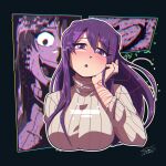  1girl breasts brown_sweater doki_doki_literature_club evil_smile eyebrows_visible_through_hair hair_ornament hairclip highres large_breasts long_hair long_sleeves looking_at_viewer open_mouth parted_lips purple_eyes purple_hair ribbed_sweater ryou_sakai smile solo spoilers sweater teeth turtleneck turtleneck_sweater yandere yuri_(doki_doki_literature_club) 