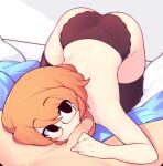  1boy 1girl all_fours ass bangs black_legwear black_panties commentary english_commentary eyebrows_visible_through_hair eyes_visible_through_hair fellatio fizintine glasses hetero looking_at_viewer luna_(fizintine) no_pupils on_bed oral orange_hair original panties penis short_hair solo_focus swept_bangs thighhighs topless uncensored underwear underwear_only 