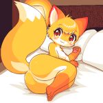  2021 aliasing amber_eyes anthro bed blush breasts butt canid canine detailed_background dipstick_tail featureless_breasts featureless_crotch female fox full-length_portrait fur furniture inside kemono lamp low_res lying mammal markings multicolored_body multicolored_fur on_bed on_side orange_body orange_fur orange_theme pawpads paws pillow portrait presenting presenting_hindquarters smile tail_markings takiune_(pixiv) 