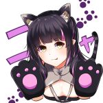  1girl animal_ears animal_hands bangs black_hair black_tube_top blunt_bangs blush breasts cat_ears cat_tail cleavage closed_mouth commentary_request dameyoshi eyebrows_visible_through_hair gloves grey_sweater highres kemonomimi_mode kojo_anna long_hair looking_at_viewer medium_breasts multicolored_hair no_horns official_alternate_costume paw_gloves paw_print paw_print_background pink_hair pointy_ears shrug_(clothing) smile solo strapless sugar_lyric sweater tail tongue tongue_out tube_top two-tone_hair upper_body virtual_youtuber white_background yellow_eyes 