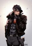  1boy armor artist_name batman_(series) belt black_armor black_belt black_gloves black_hair black_jacket black_pants blue_eyes chest_armor dc_comics fur-trimmed_jacket fur_trim gloves hand_in_pocket jacket jason_todd jjmk-jjmk male_focus multicolored_hair open_clothes open_jacket pants parted_lips red_hood_(dc) short_hair solo two-tone_hair white_hair 