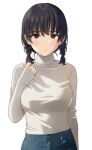  1girl artist_name black_hair braid breasts brown_eyes denim hand_up jeans mattaku_mousuke original pants parted_lips ribbed_sweater sleeves_past_wrists solo sweater twin_braids upper_body watermark white_background 