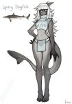  1girl absurdres barefoot blue_eyes closed_mouth crop_top fewer_digits fish_girl full_body hand_on_hip highres looking_at_viewer matilda_fiship monster_girl navel original pelvic_curtain shark_fin shark_girl signature simple_background smile solo tail white_background 