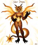 1girl abs absurdres animal_feet animal_hands breasts claws colored_sclera dark_skin dragon_horns dragon_tail dragon_wings fewer_digits full_body gradient_sky grin half-closed_eye hand_up highres horns looking_at_viewer matilda_fiship medium_breasts multiple_horns navel orange_eyes original signature sky smile solo spread_wings tail wings yellow_sclera 