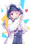  1girl ;p animal_ears animal_hood bangs baseball_cap black_headwear blue_hair blue_nails blue_ribbon blue_skirt blush braid cat_hood cat_tail closed_mouth commentary_request eyebrows_visible_through_hair fake_animal_ears hands_up haniwa_(leaf_garden) hat head_tilt heart highres hololive hood hood_up hooded_jacket jacket long_hair long_sleeves low_twintails minato_aqua multicolored_hair nail_polish neko_(minato_aqua) one_eye_closed own_hands_together pink_hair pleated_skirt print_headwear puffy_long_sleeves puffy_sleeves purple_eyes ribbon skirt sleeves_past_wrists smile solo streaked_hair tail tail_ornament tail_ribbon tongue tongue_out twin_braids twintails very_long_hair virtual_youtuber white_background white_jacket 