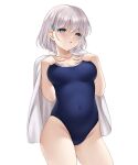 1girl :o absurdres bangs blue_eyes blue_swimsuit breasts collarbone commentary_request covered_navel eyebrows_visible_through_hair grey_hair groin hair_between_eyes hair_ornament hairclip hands_up highres looking_at_viewer medium_breasts one-piece_swimsuit original parted_lips ren_san school_swimsuit short_hair simple_background solo standing swimsuit towel white_background 