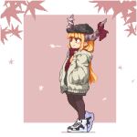  1girl alternate_costume black_headwear black_legwear blonde_hair coat commentary_request contemporary from_side full_body hand_in_pocket hat horn_ornament horn_ribbon horns ibuki_suika kumamoto_(bbtonhk2) long_hair looking_away lowres pantyhose pixel_art pointy_ears profile red_scarf ribbon scarf simple_background smile solo touhou white_coat yellow_eyes 