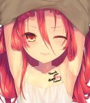  1girl armpits camisole closed_mouth forehead hair_over_one_eye highres long_hair looking_at_viewer ohlia one_eye_closed red_eyes red_hair shakugan_no_shana shana simple_background solo undressing upper_body white_background white_camisole 