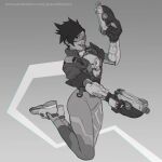  1girl absurdres artist_name bangs cropped_jacket feet_up gloves goggles gradient gradient_background grey_background greyscale gun hair_ornament hand_up highres holding holding_gun holding_weapon jacket joaowbenfica long_sleeves monochrome overwatch pants parted_lips shoes short_hair smile solo teeth tracer_(overwatch) weapon web_address 