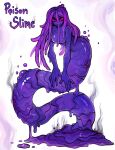  1girl absurdres breasts bubble core english_commentary english_text evil_eyes evil_grin evil_smile full_body grin hair_between_eyes highres lamia long_hair looking_at_viewer matilda_fiship monster_girl original purple_eyes purple_slime slime_girl small_breasts smile smoke_trail solo white_background 