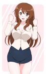  1girl :d arms_up asahina_mikuru asahina_mikuru_(adult) black_skirt blush border bracelet breasts brown_eyes brown_hair commentary_request eyebrows_visible_through_hair heart highres jewelry large_breasts long_hair long_sleeves looking_at_viewer mole mole_on_breast older open_mouth osage_gankyou pencil_skirt pink_background shirt skirt smile smille solo suzumiya_haruhi_no_yuuutsu thighs white_border white_shirt 