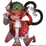  1girl ;3 animal_ear_fluff animal_ears arm_support bare_legs barefoot bow bowtie brown_hair cat_ears cat_tail chen closed_mouth eyelashes flat_chest full_body green_headwear hand_up hat heart heart_tail highres juliet_sleeves long_sleeves looking_at_viewer mob_cap multiple_tails nekomata one_eye_closed paw_pose petticoat pleated_skirt puffy_sleeves red_eyes red_skirt red_vest short_hair simple_background skirt sleeves_past_wrists solo tail toes touhou two_tails vest white_background yellow_bow yellow_bowtie zhaoyebai 
