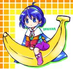  1girl banana blue_eyes blue_hair blush boots cloak closed_mouth dress english_text food fruit full_body hair_between_eyes hairband highres long_sleeves multicolored_clothes multicolored_dress multicolored_hairband patchwork_clothes pote_(ptkan) purple_footwear rainbow_gradient short_hair sky_print solo tenkyuu_chimata touhou white_cloak 