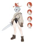  1girl :d bangs belt breasts brown_belt brown_footwear brown_gloves clenched_hand dagger dongho_kang dragon fire full_body gloves helm helmet highres knife long_sleeves medium_breasts original red_hair short_hair small_dragon smile solo standing weapon 