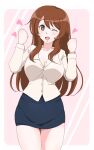  1girl ;d arms_up asahina_mikuru asahina_mikuru_(adult) black_skirt blush border bracelet breasts brown_eyes brown_hair commentary_request eyebrows_visible_through_hair heart highres jewelry large_breasts long_hair long_sleeves looking_at_viewer mole mole_on_breast older one_eye_closed open_mouth osage_gankyou pencil_skirt pink_background shirt skirt smile smille solo suzumiya_haruhi_no_yuuutsu thighs white_border white_shirt 