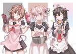  3girls ahoge alternate_costume apron black_blouse black_hair black_serafuku blouse blue_hair bowl box braid brown_hair closed_eyes cosplay cowboy_shot dress enmaided food frilled_apron frills gift gradient_hair hair_flaps hair_ornament hair_over_shoulder hairband harusame_(kancolle) highres holding kantai_collection looking_at_viewer low_twintails maid maid_headdress multicolored_hair multiple_girls neckerchief necktie orange_eyes pink_apron pink_hair pleated_dress red_eyes red_hairband red_neckerchief red_necktie sailor_collar school_uniform serafuku shigure_(kancolle) shigure_kai_ni_(kancolle) shiratsuyu_(kancolle) shiratsuyu_kai_ni_(kancolle) short_hair side_ponytail single_braid skirt spatula sugue_tettou sweet_potato twintails whistle whistle_around_neck white_apron white_dress white_sailor_collar white_skirt 