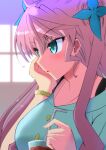  1girl aqua_eyes bracelet breasts cup drinking_glass drinking_straw fingernails highres jewelry koharu_sasara large_breasts long_hair maria_cadenzavna_eve pink_hair senki_zesshou_symphogear 