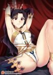  1girl asymmetrical_legwear bdsm black_hair blush bondage bound bracelet fate/grand_order fate_(series) ishtar_(fate) jewelry mibry_(phrysm) patreon_username red_eyes single_thighhigh sitting solo spread_legs sweat thighhighs 