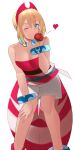  1girl anklet bangs blonde_hair blue_eyes bracelet breasts cleavage feet_out_of_frame hair_between_eyes hand_on_own_knee hand_to_own_mouth headband heart highres holding holding_poke_ball irida_(pokemon) jewelry kameponde leaning_forward looking_at_viewer one_eye_closed poke_ball poke_ball_(legends) pokemon pokemon_(game) pokemon_legends:_arceus red_headband red_shirt sash shirt short_hair short_shorts shorts smile strapless strapless_shirt white_background white_shorts 