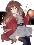  1girl animal_ears blush brown_eyes brown_hair cardigan dog_ears dog_girl dress fang highres lantern long_hair long_sleeves looking_at_viewer original pale_skin solo sorani_(kaeru0768) thighhighs wavy_hair 