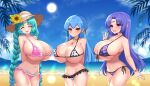  2021 3girls aqua_hair arm_up arms_behind_back ass bikini blue_hair braid breasts canal_vorfeed cardfight!!_vanguard cleavage closed_eyes closed_mouth collarbone cowboy_shot crossover dimension252525 embarrassed facial_mark forehead_mark frilled_bikini frilled_swimsuit frills gillian_chen happy hat headwear_request highres horns huge_breasts jewelry long_hair looking_at_viewer lost_universe low_twintails multiple_girls open_mouth outdoors pendant pink_bikini pink_swimsuit polka_dot polka_dot_bikini polka_dot_swimsuit purple_eyes purple_hair reverie_vorfeed self_upload shiny shiny_hair shiny_skin sidelocks sun_hat swimsuit thighs tied_hair tongue twin_braids twintails very_long_hair white_bikini white_swimsuit yellow_eyes 
