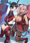  2girls antlers ass black_hair blush breasts christmas dark_skin elbow_gloves gloves highres kneeling looking_at_viewer mibry_(phrysm) multiple_girls open_mouth original red_eyes reindeer reindeer_antlers sack shiny shiny_skin sweat torn_clothes winter_clothes 