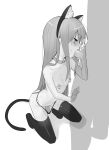  1boy 1girl anal_tail animal_ears belt_collar cat_ears cat_tail closed_eyes collar dildo_under_panties fake_animal_ears fake_tail fellatio greyscale hetero highres kneeling long_hair monochrome ohlia open_mouth oral panties penis sex_toy shakugan_no_shana shana simple_background solo_focus tail thighhighs topless underwear vibrator vibrator_on_nipple white_background 