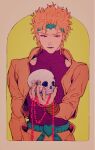  1boy blonde_hair clothing_cutout collarbone cowboy_shot dio_brando fuku_(r-i-h-o) headband heart highres holding holding_skull jacket jojo_no_kimyou_na_bouken long_sleeves red_eyes rosary skull sleeveless sleeveless_turtleneck solo stardust_crusaders turtleneck yellow_jacket 