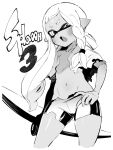  1girl agent_3_(splatoon_3) bike_shorts blush bow_(weapon) braid commentary_request copyright_name dark-skinned_female dark_skin domino_mask fang flat_chest greyscale hand_on_hip holding holding_bow_(weapon) holding_weapon long_hair looking_at_viewer mask monochrome navel open_mouth pointy_ears shirt shorts simple_background single_braid solo splatoon_(series) splatoon_3 tentacle_hair toku_(ke7416613) torn_clothes torn_shirt torn_shorts weapon white_background 