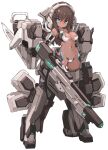  1girl alice_gear_aegis bangs blue_eyes breasts brown_hair cannon cleavage closed_mouth commentary_request dark-skinned_female dark_skin eyebrows_visible_through_hair full_body highres kaneshiya_sitara karukan_(monjya) looking_at_viewer mecha_musume medium_breasts navel simple_background solo white_background 