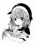  1girl animal_hat blush closed_mouth cross-laced_clothes eyebrows_visible_through_hair greyscale hair_between_eyes hat holding holding_tray kapuchii medium_hair monochrome okunoda_miyoi shirt short_sleeves simple_background smile solo touhou tray upper_body whale_hat white_background 