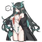  ... 1girl absurdres adapted_costume arknights bare_shoulders bitey_(arknights) black-coat black_hair blue_hair blush breasts cleavage closed_mouth coat colored_inner_hair covered_navel creature cropped_legs detached_collar dragon_horns dusk_(arknights) eyebrows_visible_through_hair godgamesc2 groin hair_over_one_eye highres holding horns leotard long_hair medium_breasts multicolored_hair necktie open_clothes open_coat red_eyes red_necktie simple_background solo_focus speech_bubble spoken_ellipsis strapless strapless_leotard two-tone_hair very_long_hair white_background white_leotard 