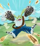  ammo_belt anthro bandai_namco bottomwear bullet clothing denim denim_clothing digimon digimon_(species) gargomon goji_spa group gumimon gun_arm hi_res jeans laugh male pants running running_for_cover shooting terriermon 